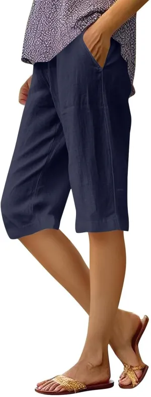 Lmdudan Linen Shorts for Women Knee Length Wide Leg Bermuda Shorts 2025 Trendy Lightweight Casual Shorts Plus Size Capris