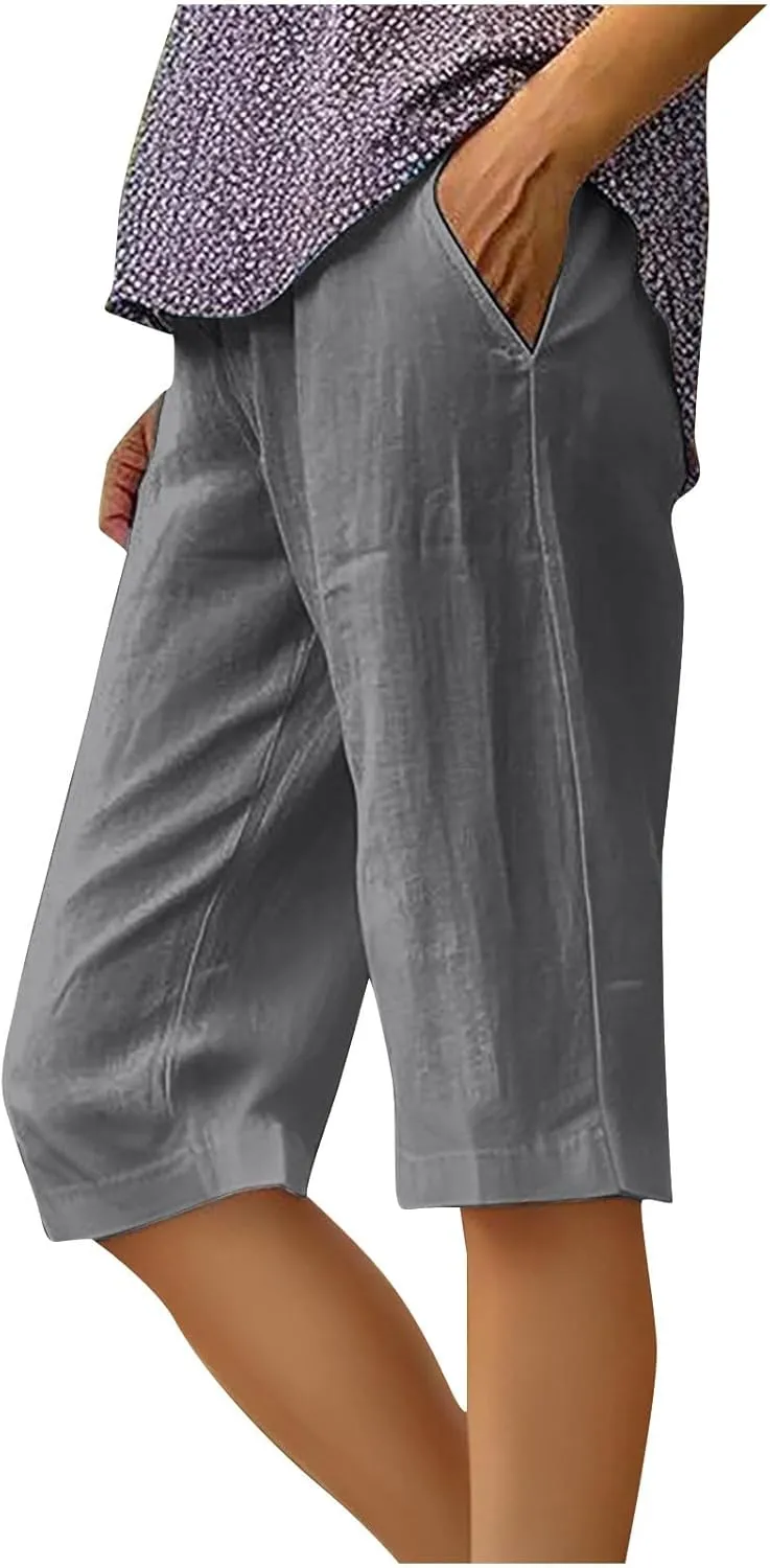 Lmdudan Linen Shorts for Women Knee Length Wide Leg Bermuda Shorts 2025 Trendy Lightweight Casual Shorts Plus Size Capris