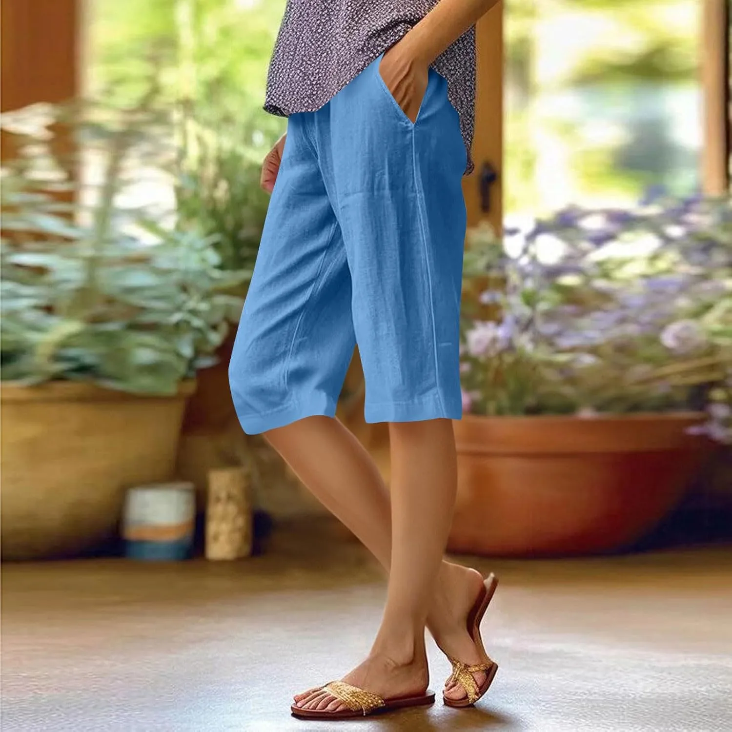 Lmdudan Linen Shorts for Women Knee Length Wide Leg Bermuda Shorts 2025 Trendy Lightweight Casual Shorts Plus Size Capris