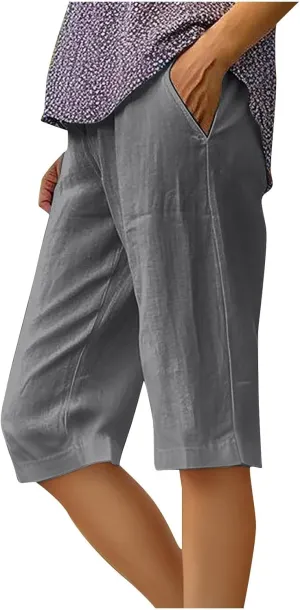 Lmdudan Linen Shorts for Women Knee Length Wide Leg Bermuda Shorts 2025 Trendy Lightweight Casual Shorts Plus Size Capris