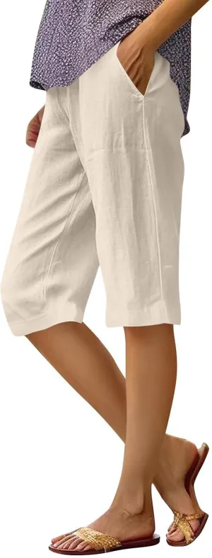 Lmdudan Linen Shorts for Women Knee Length Wide Leg Bermuda Shorts 2025 Trendy Lightweight Casual Shorts Plus Size Capris