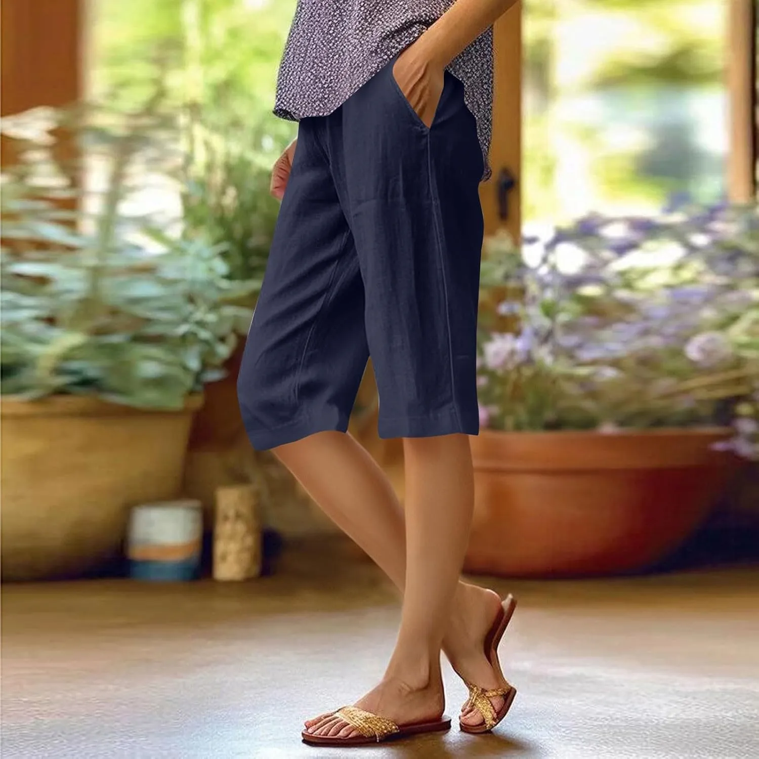 Lmdudan Linen Shorts for Women Knee Length Wide Leg Bermuda Shorts 2025 Trendy Lightweight Casual Shorts Plus Size Capris