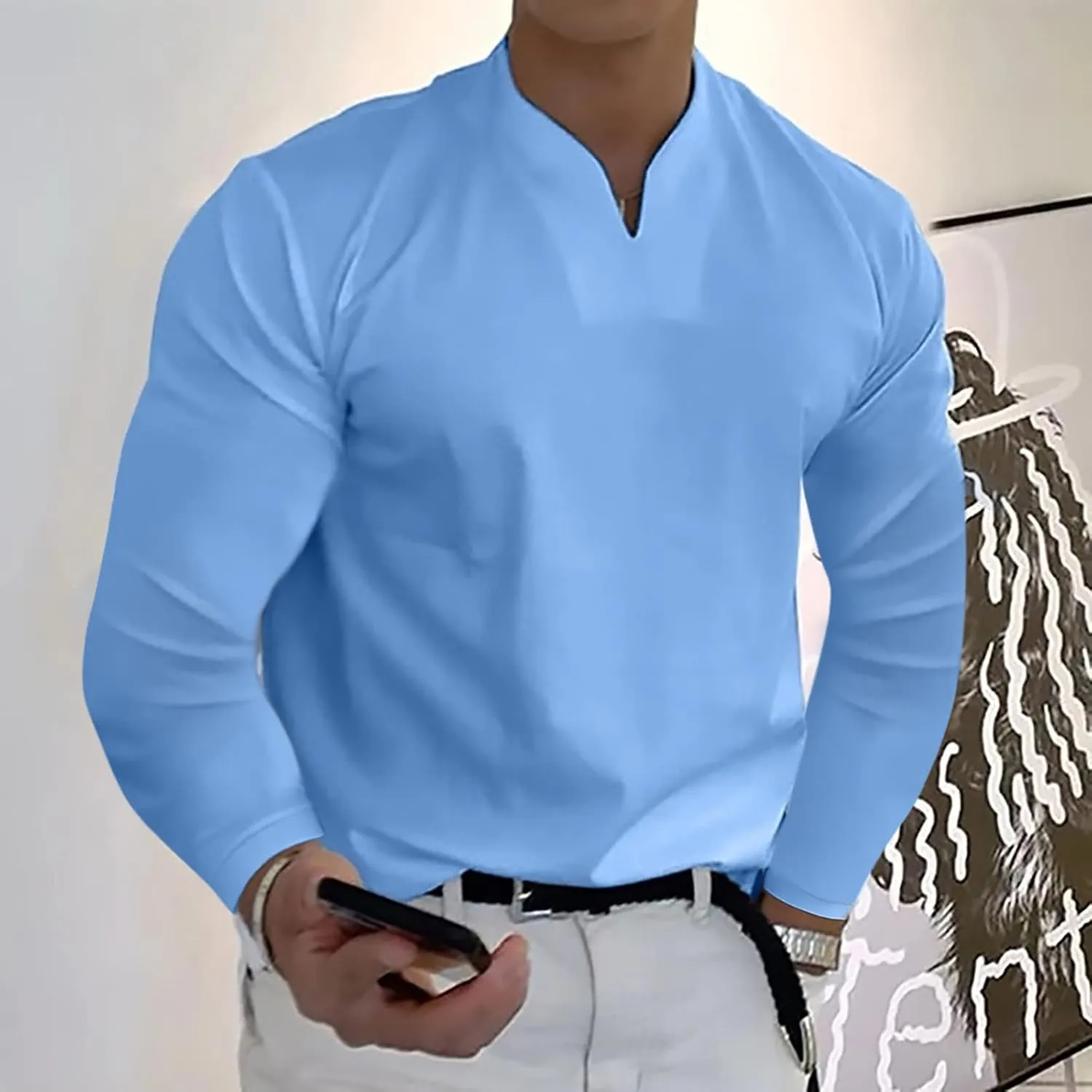 Long Sleeve T Shirt Men Big and Tall Oversized V Neck Fall Shirts Baggy Solid Shirts Big and Tall Fall Tshirts