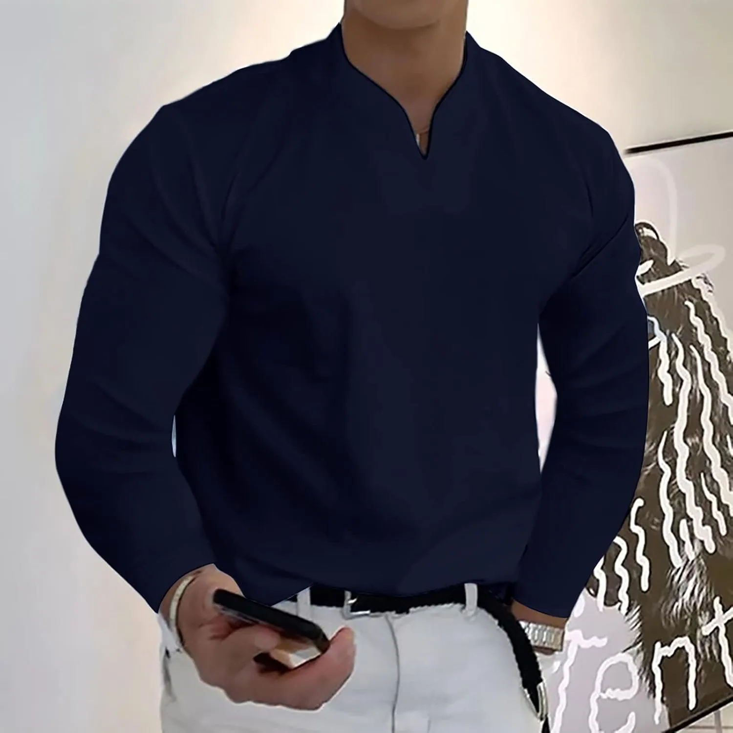 Long Sleeve T Shirt Men Big and Tall Oversized V Neck Fall Shirts Baggy Solid Shirts Big and Tall Fall Tshirts