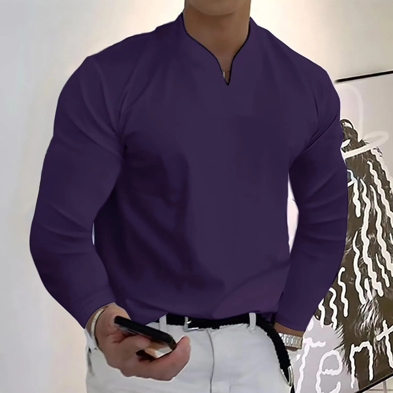 Long Sleeve T Shirt Men Big and Tall Oversized V Neck Fall Shirts Baggy Solid Shirts Big and Tall Fall Tshirts