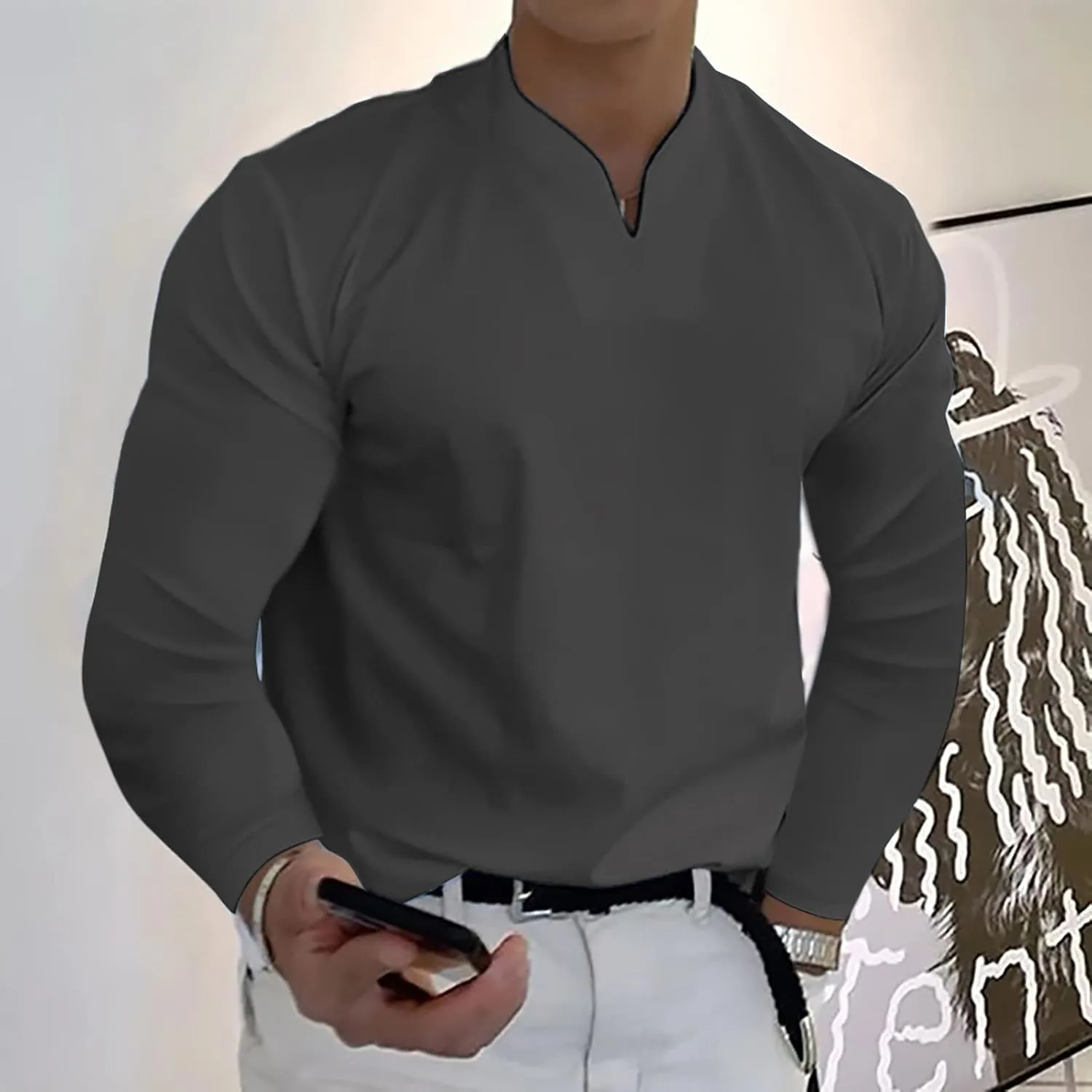 Long Sleeve T Shirt Men Big and Tall Oversized V Neck Fall Shirts Baggy Solid Shirts Big and Tall Fall Tshirts