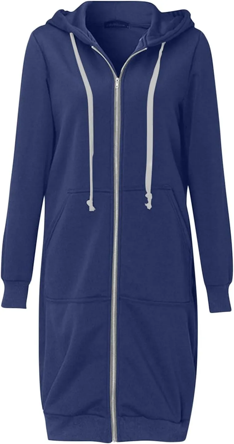 Longline Zip Up Hoodies for Women Casual Fleece Long Sweatshirt Jacket Warm Hooded Coats Winter Fall Outerwear