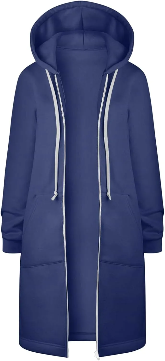Longline Zip Up Hoodies for Women Casual Fleece Long Sweatshirt Jacket Warm Hooded Coats Winter Fall Outerwear
