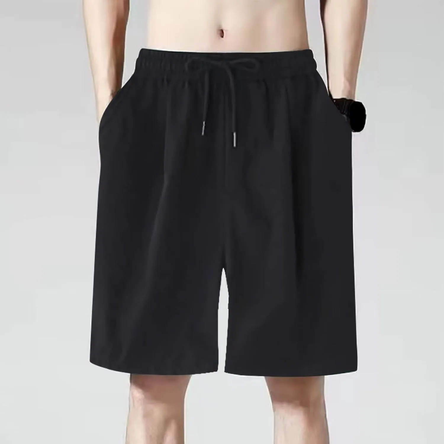 Men Casual Shorts Elastic Waist Drawstring Shorts Stretch Summer Beach Shorts with Pockets