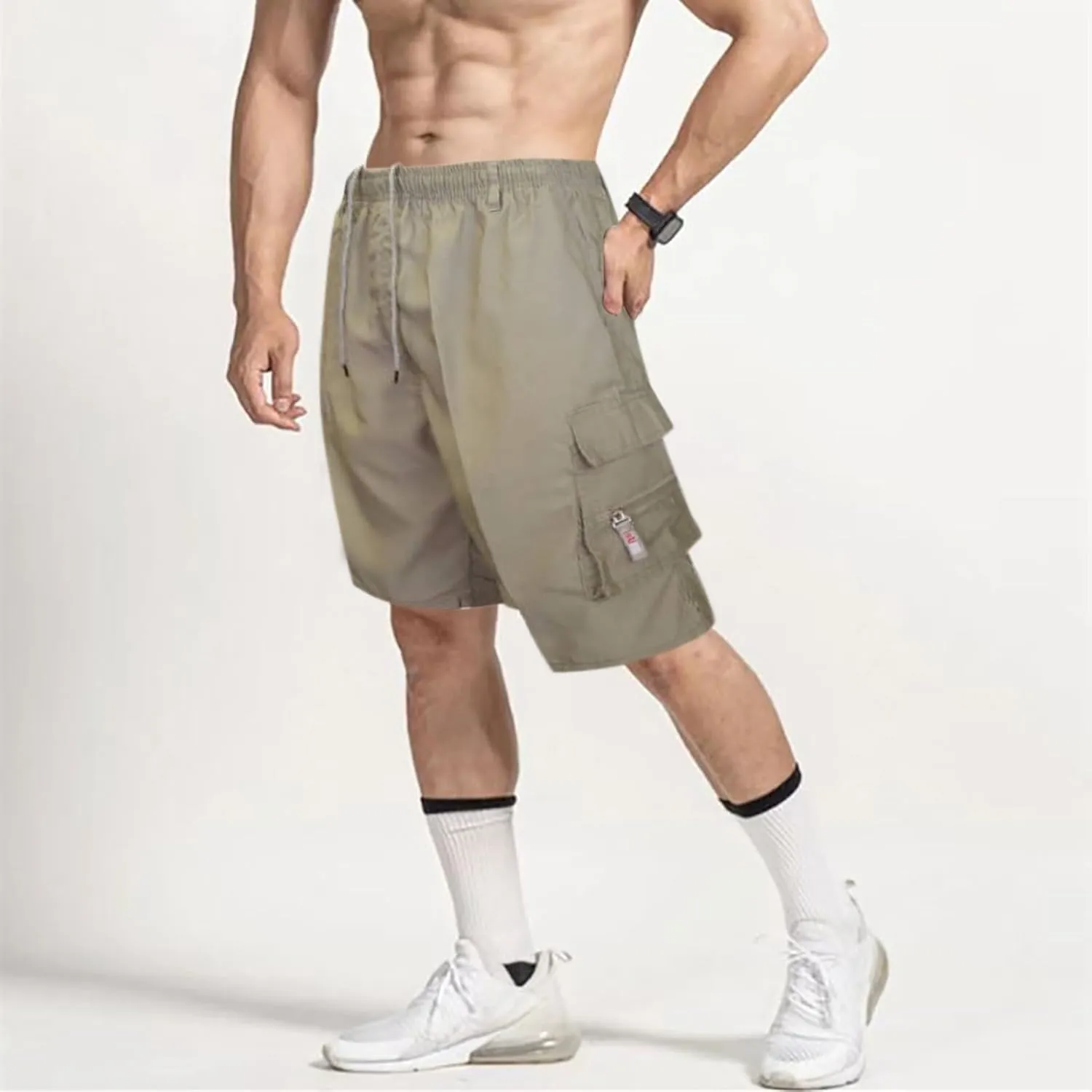 Men Casual Shorts Elastic Waist Drawstring Shorts Stretch Summer Beach Shorts with Pockets