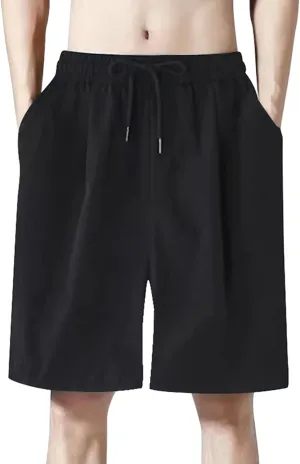 Men Casual Shorts Elastic Waist Drawstring Shorts Stretch Summer Beach Shorts with Pockets