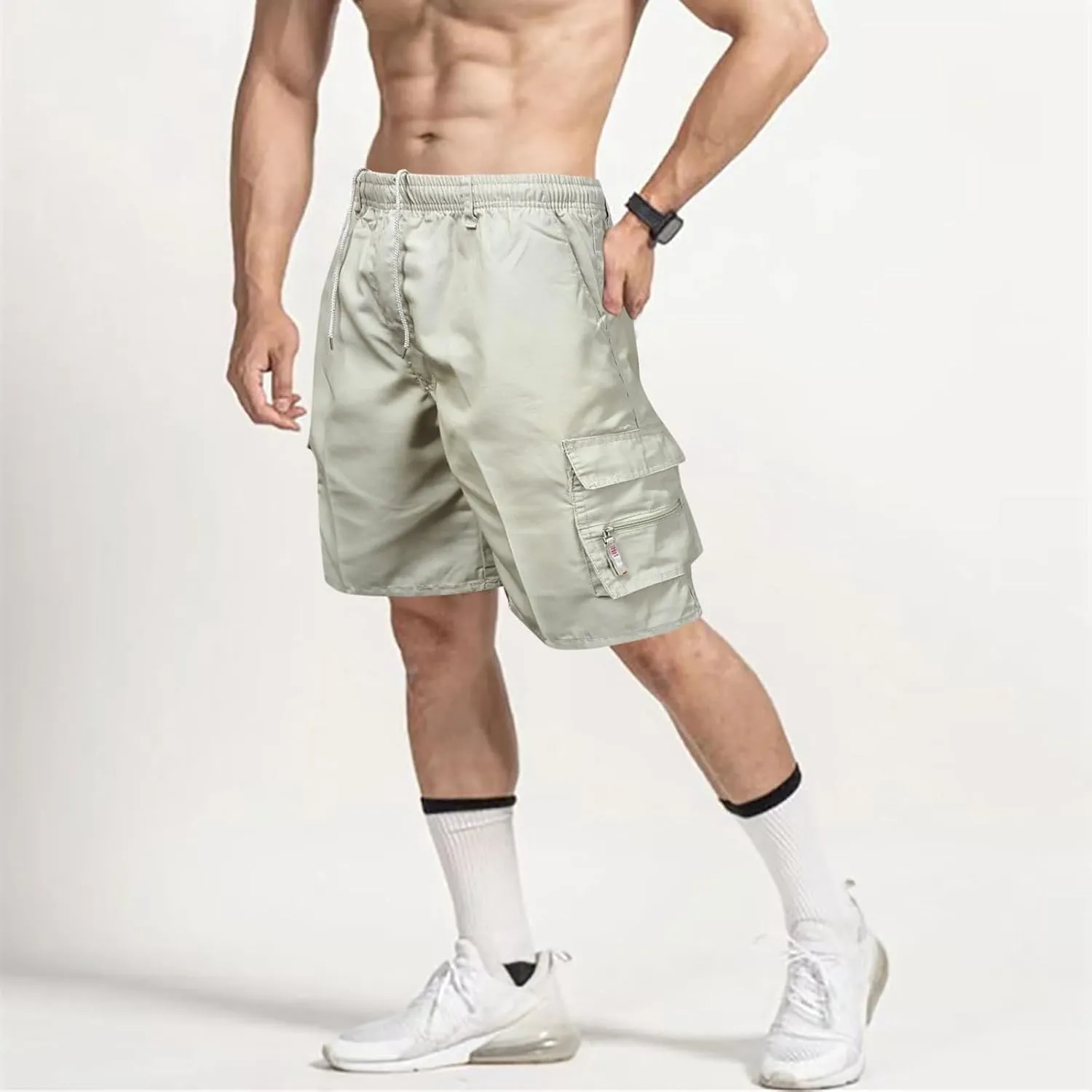 Men Casual Shorts Elastic Waist Drawstring Shorts Stretch Summer Beach Shorts with Pockets