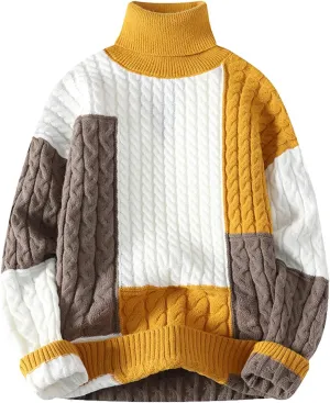 Men Color Block Sweater Turtleneck Pullover Sweater Vintage Knit Sweater Plus Size Winter Sweaters Casual Pullover