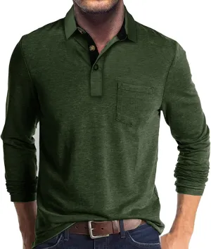 Men Fall Winter Polo Shirts Long Sleeved Flip Collar Tops Pocket Button V Neck T Shirts Golf Casual Sports Tops
