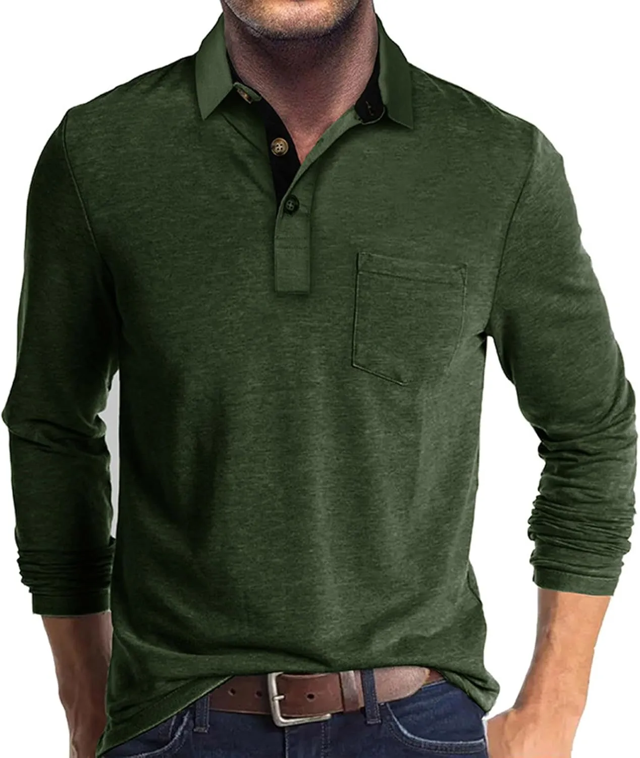Men Fall Winter Polo Shirts Long Sleeved Flip Collar Tops Pocket Button V Neck T Shirts Golf Casual Sports Tops