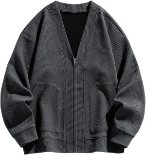 Men's 2024 Fall WinterCardigan Sweater Long Sleeve Casual V Neck Zip up Knitted Sweater V-Neck with Pockets