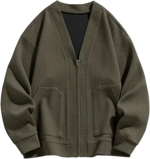 Men's 2024 Fall WinterCardigan Sweater Long Sleeve Casual V Neck Zip up Knitted Sweater V-Neck with Pockets