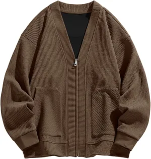 Men's 2024 Fall WinterCardigan Sweater Long Sleeve Casual V Neck Zip up Knitted Sweater V-Neck with Pockets
