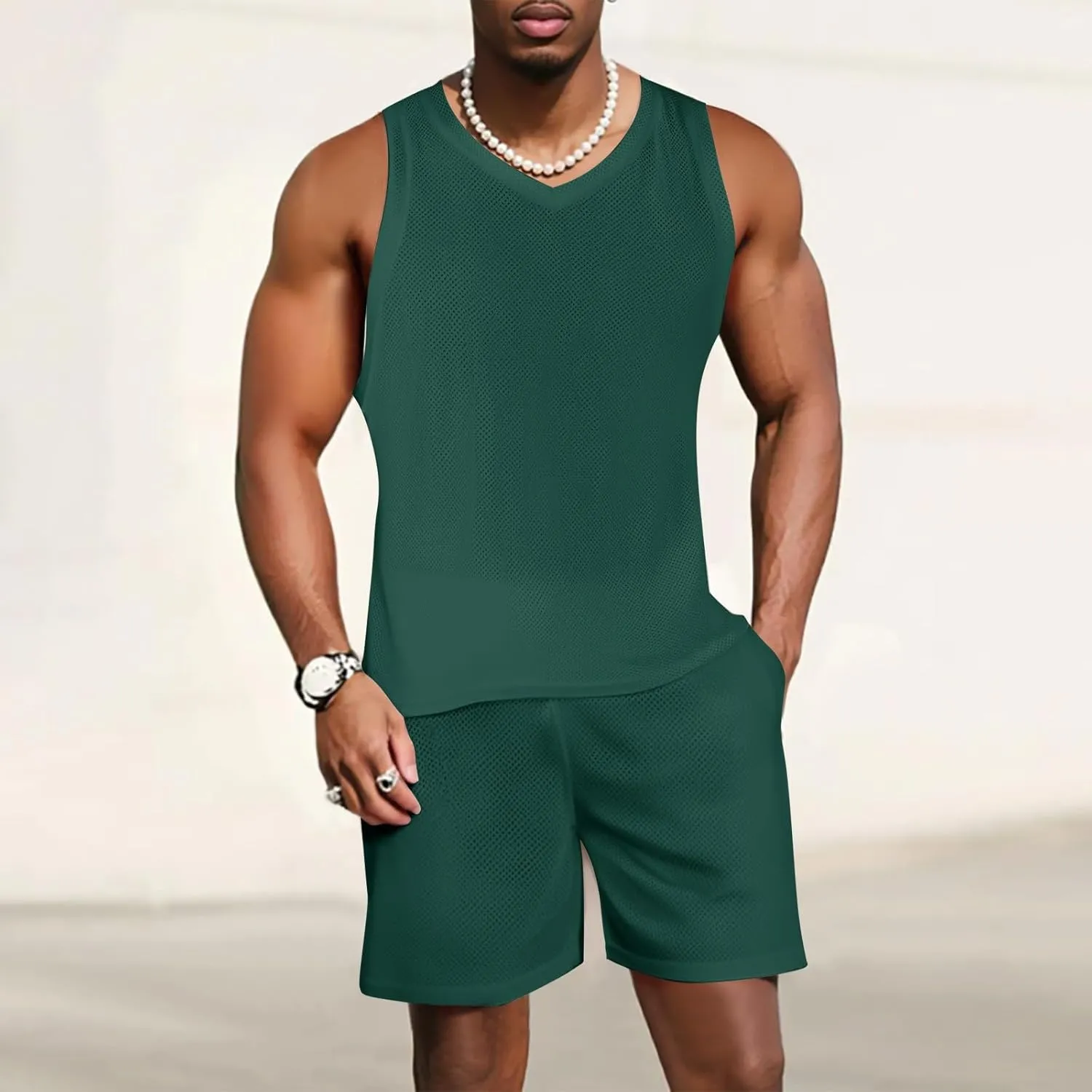 Men's 2025 Cool Summer Beach Outfits 2 Piece Breathable Sleeveless V Neck Shirts and Zipper Pockets Shorts Sets