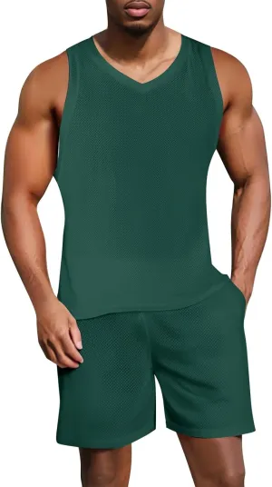 Men's 2025 Cool Summer Beach Outfits 2 Piece Breathable Sleeveless V Neck Shirts and Zipper Pockets Shorts Sets