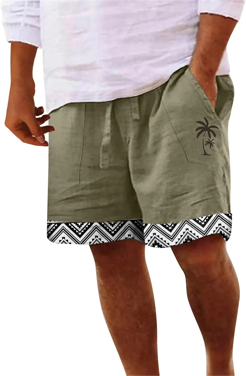 Mens 4XL Linen Summer Beach Shorts Tree Printed Beach Trendy Shorts Mens 4XL Linen Summer Beach Shorts Mens Linen