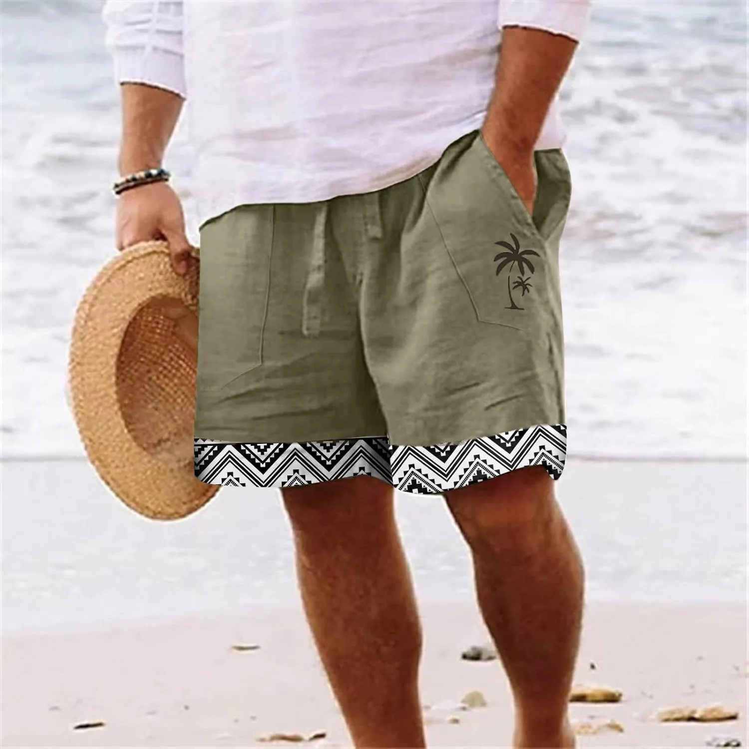Mens 4XL Linen Summer Beach Shorts Tree Printed Beach Trendy Shorts Mens 4XL Linen Summer Beach Shorts Mens Linen
