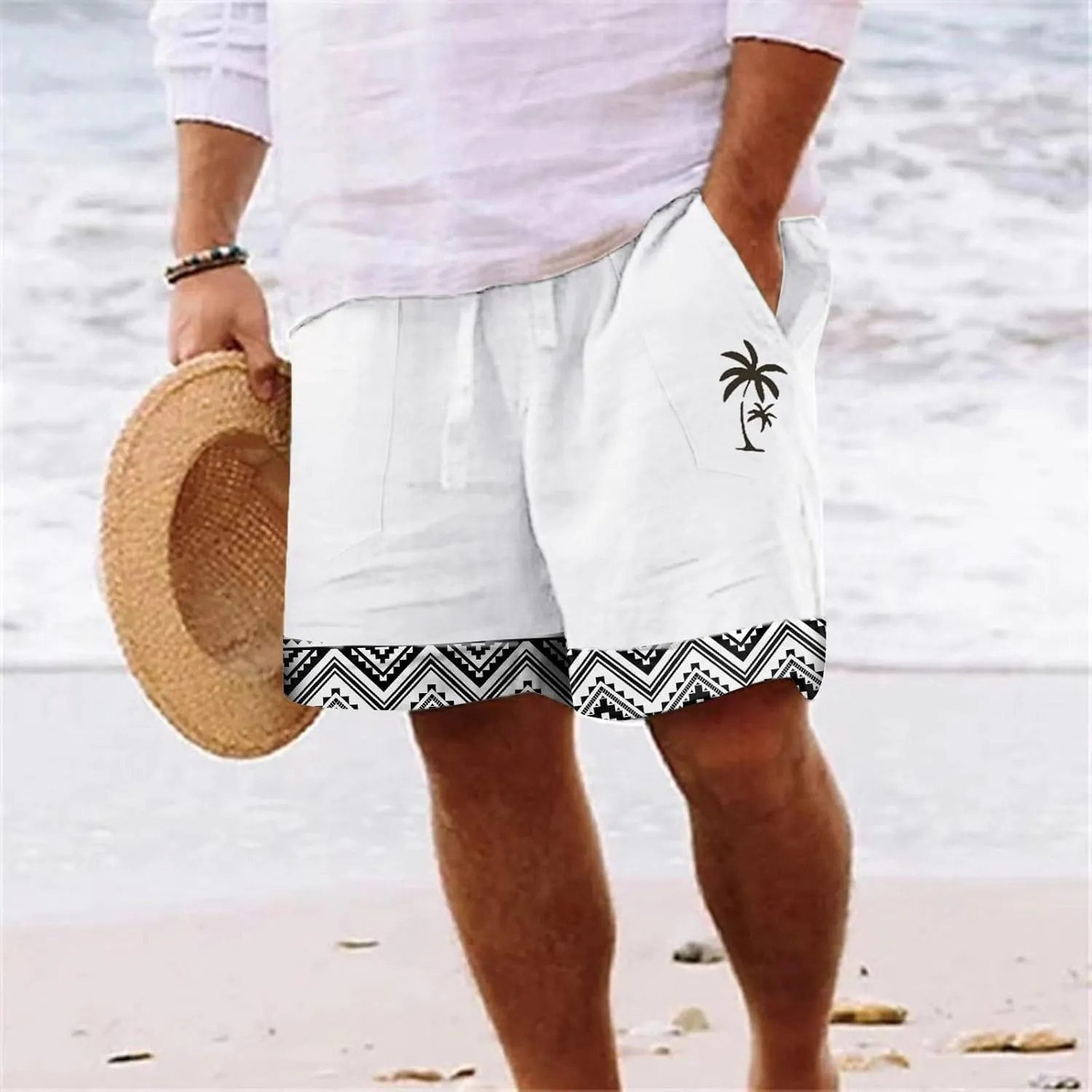 Mens 4XL Linen Summer Beach Shorts Tree Printed Beach Trendy Shorts Mens 4XL Linen Summer Beach Shorts Mens Linen