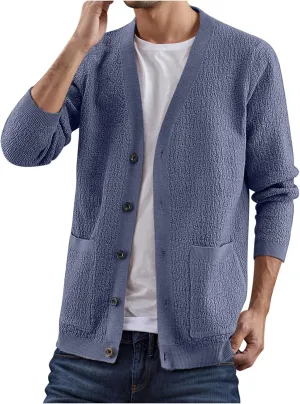 Mens Button Down Cardigan Sweater Turn Down Collar Sweater Solid Color Long Sleeve Sweater Slim Fit Knit Sweater