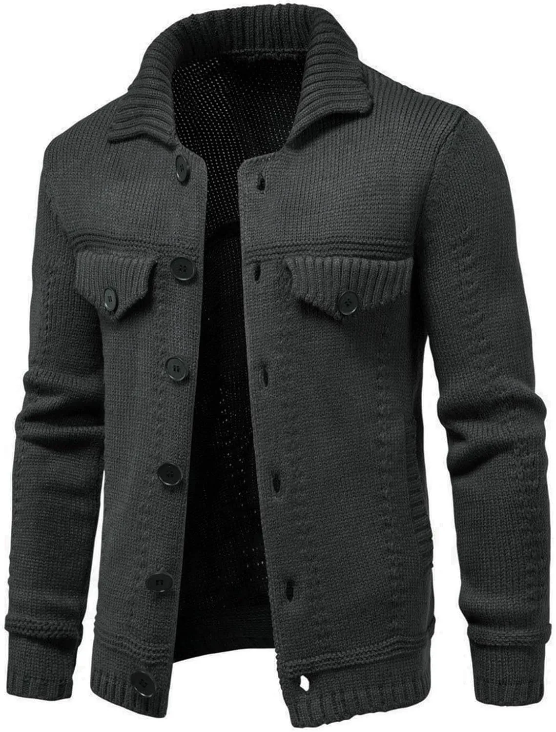 Mens Cable Cardigan Sweater Button Down Knit Sweater Turn Down Collar Sweater Vintage Long Sleeve Sweater
