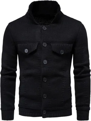 Mens Cable Cardigan Sweater Button Down Knit Sweater Turn Down Collar Sweater Vintage Long Sleeve Sweater