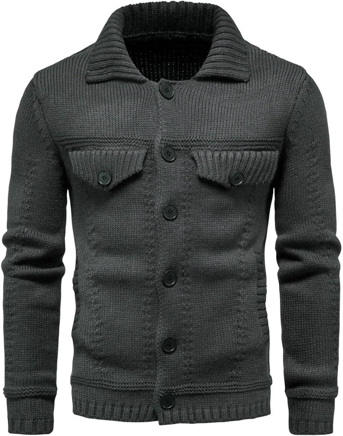 Mens Cable Cardigan Sweater Button Down Knit Sweater Turn Down Collar Sweater Vintage Long Sleeve Sweater