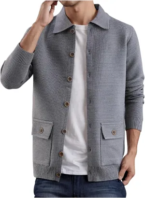 Mens Cable Knit Cardigan Sweater Lapel Button Down Casual Sweaters Fashion Ribbed Chunky Outwear with Pocket