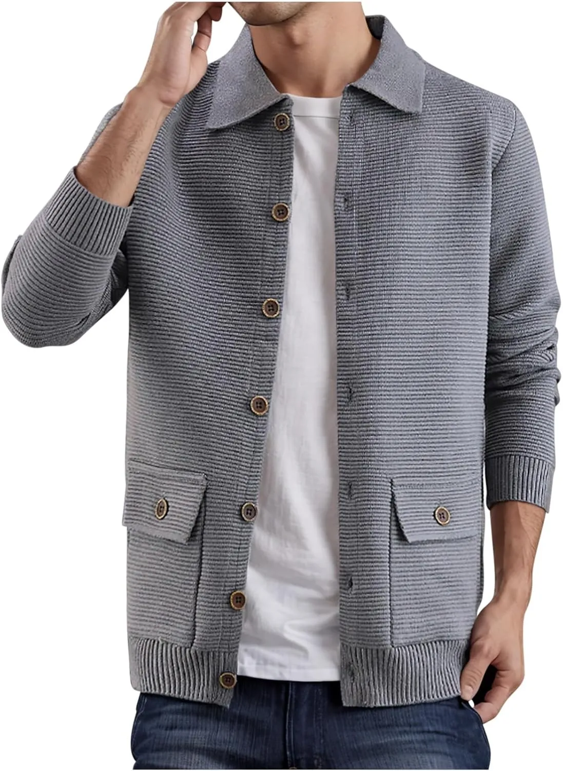 Mens Cable Knit Cardigan Sweater Lapel Button Down Casual Sweaters Fashion Ribbed Chunky Outwear with Pocket