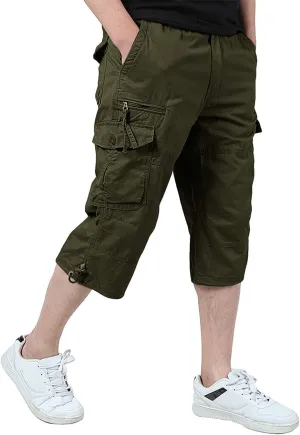 Men's Capri Cargo Shorts Elastic Waist Below Knee Shorts with Multi-Pocket