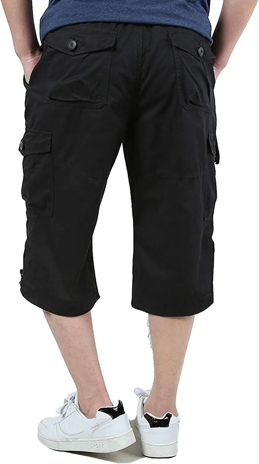 Men's Capri Cargo Shorts Elastic Waist Below Knee Shorts with Multi-Pocket