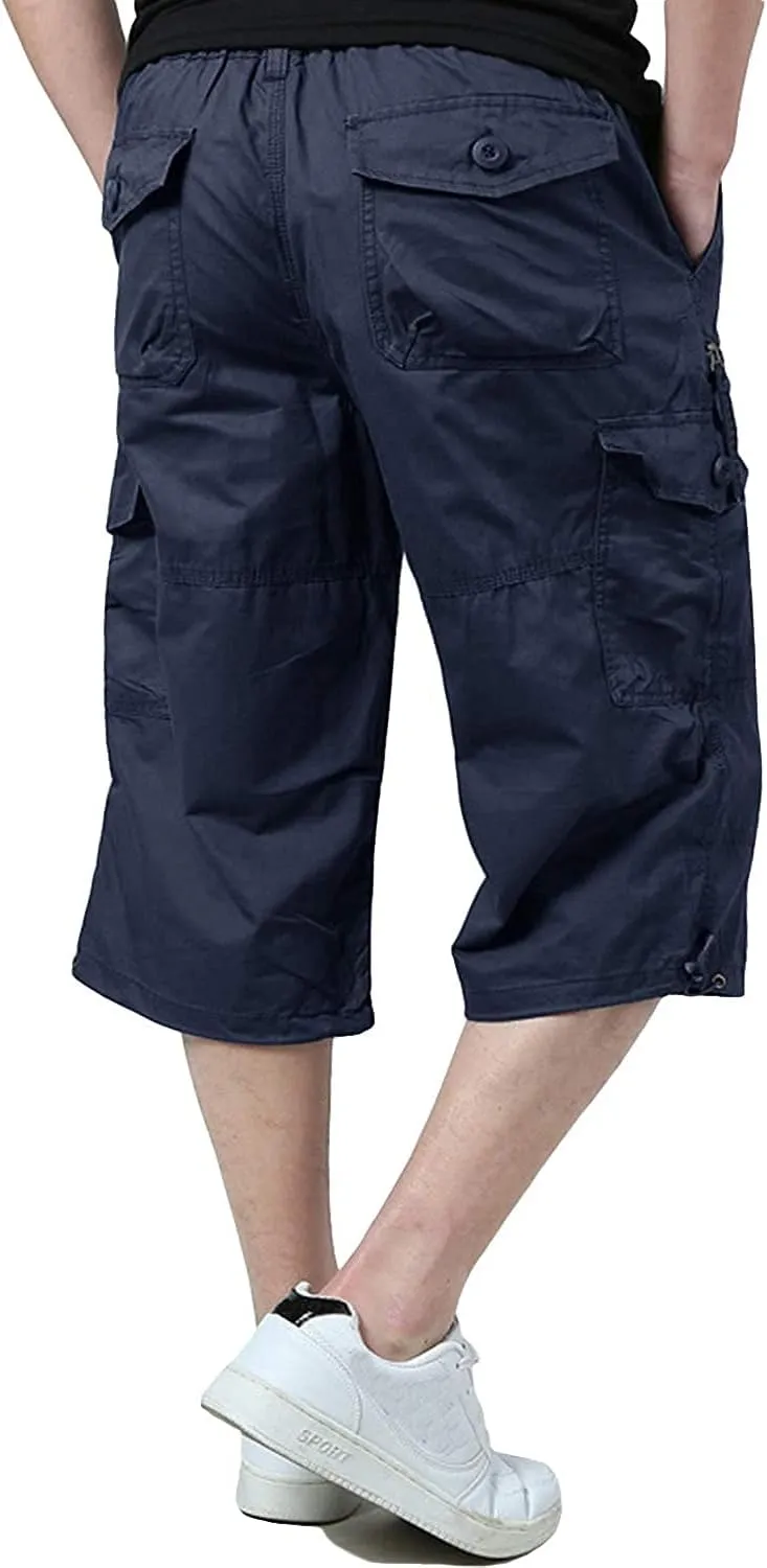 Men's Capri Cargo Shorts Elastic Waist Below Knee Shorts with Multi-Pocket
