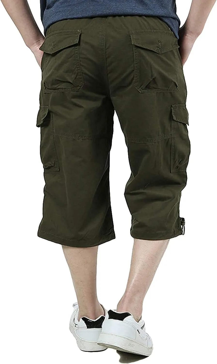 Men's Capri Cargo Shorts Elastic Waist Below Knee Shorts with Multi-Pocket