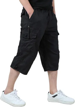 Men's Capri Cargo Shorts Elastic Waist Below Knee Shorts with Multi-Pocket
