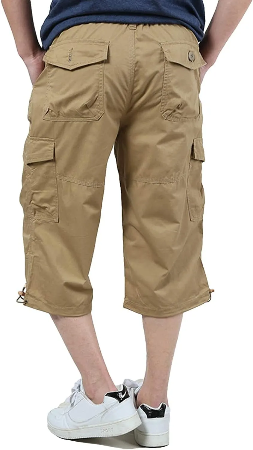 Men's Capri Cargo Shorts Elastic Waist Below Knee Shorts with Multi-Pocket