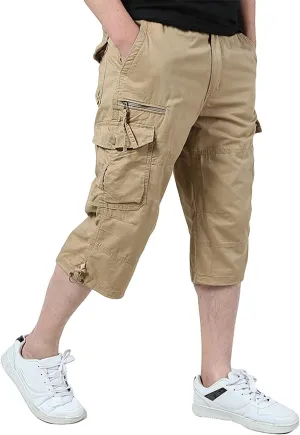 Men's Capri Cargo Shorts Elastic Waist Below Knee Shorts with Multi-Pocket
