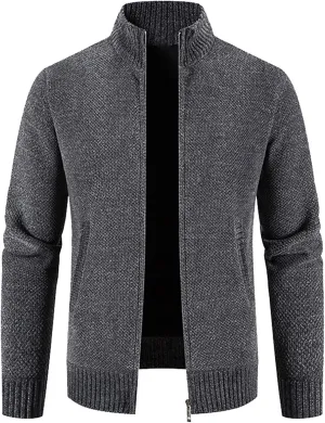 Mens Cardigan, Men's Full Zipper Cardigan Slim Fit Knitted Sweater Casual Stand Collar with Pockets