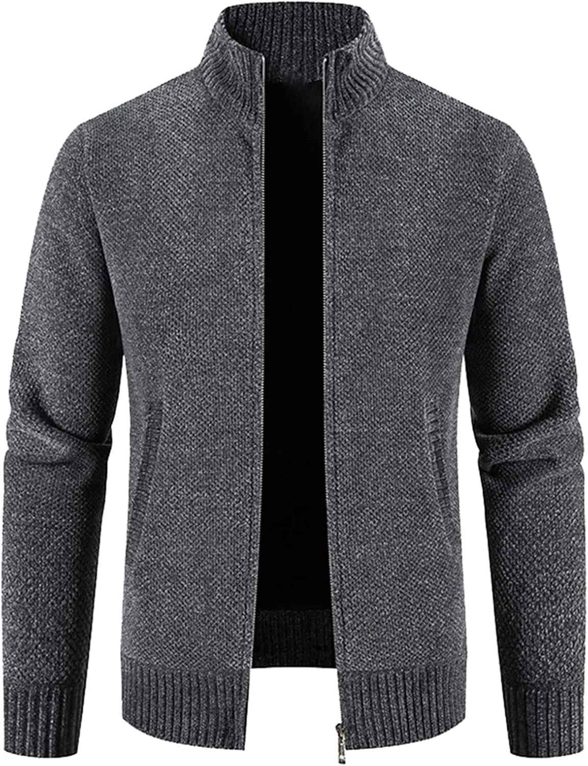 Mens Cardigan, Men's Full Zipper Cardigan Slim Fit Knitted Sweater Casual Stand Collar with Pockets