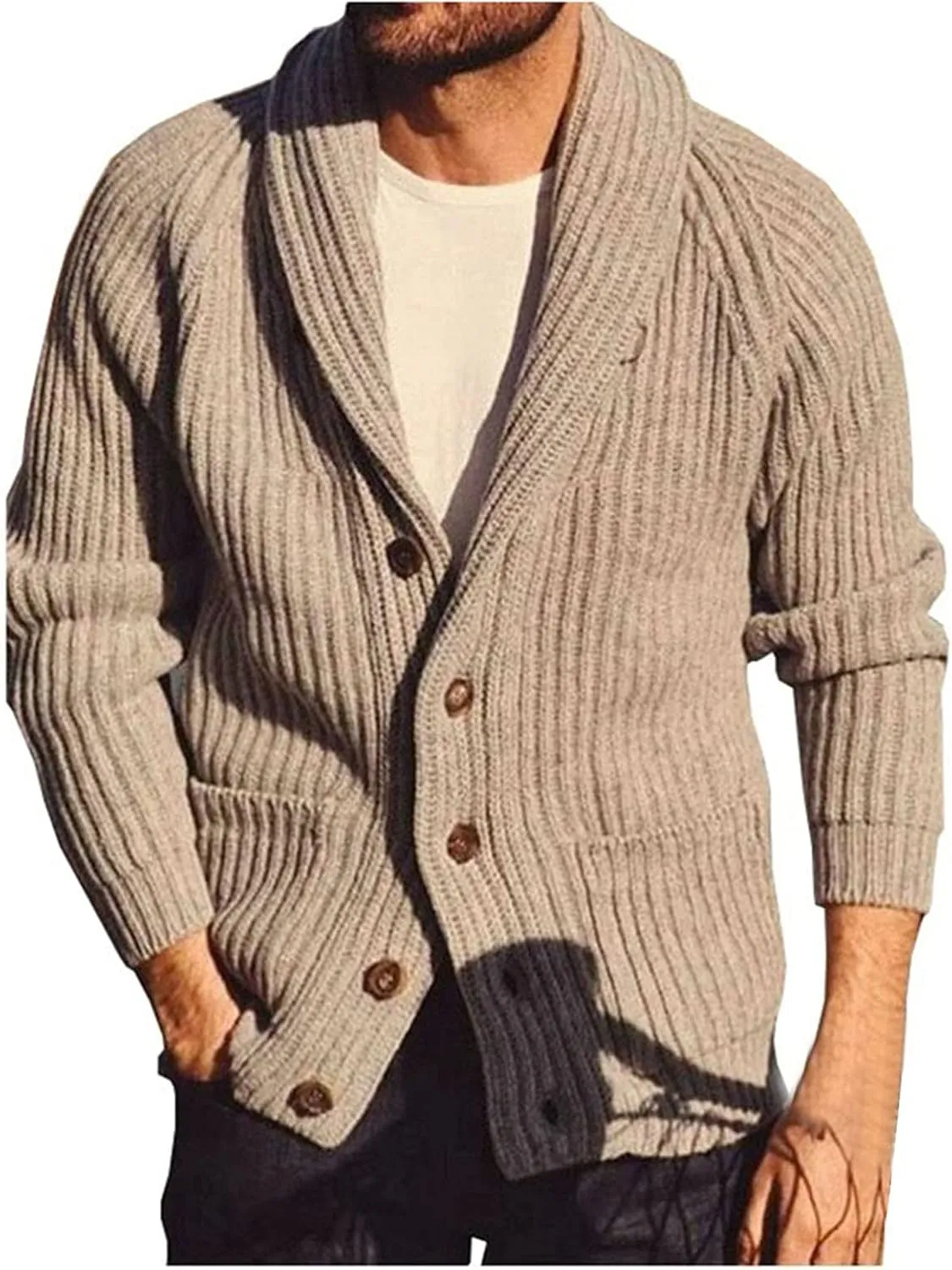 Mens Cardigan Sweater 100% Cotton Pockets Casual Slim Fit V-Neck Knitted Sweaters Long Sleeve Button Up Warm Sweaters