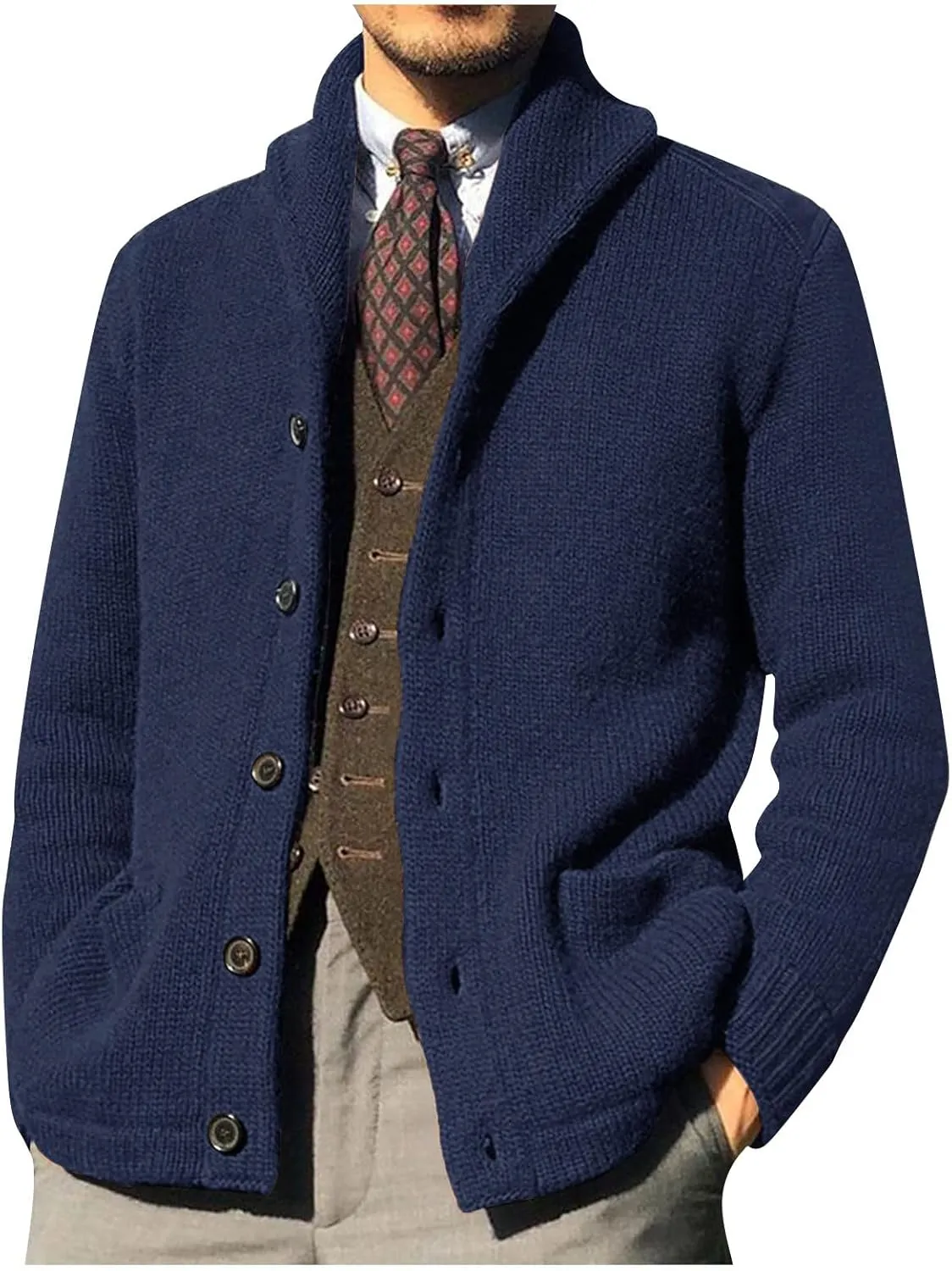 Mens Cardigan Sweater with Buttons Knit Lapel Oversized Cardigan Sweater Thick Warm Lounge Winter Cardigan