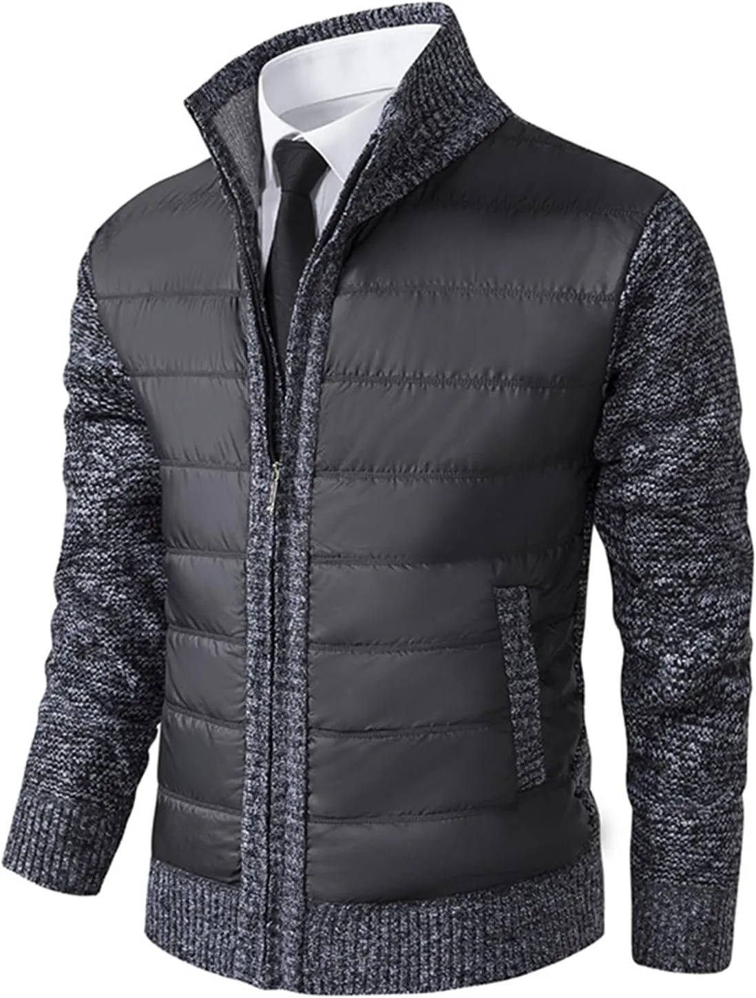 Men's Cardigan Sweaters Qiulted Puffer Jacket Casual Slim Fit Full Zip Sweaters Knitted Cardigan Jackets with Pockets