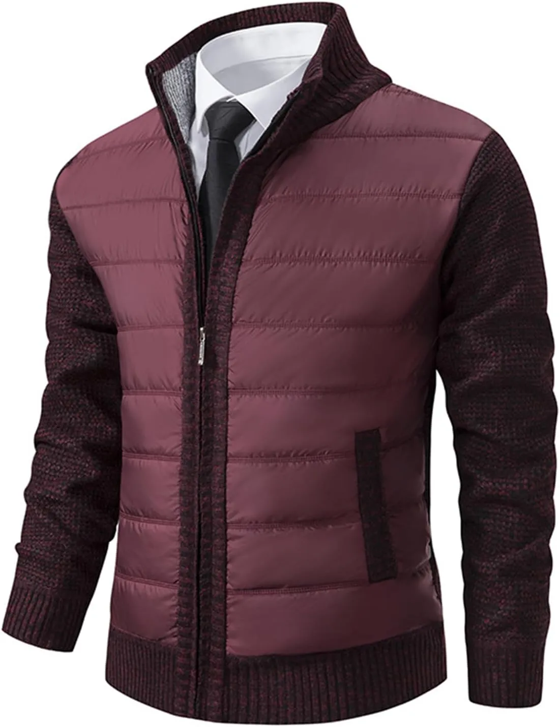 Men's Cardigan Sweaters Qiulted Puffer Jacket Casual Slim Fit Full Zip Sweaters Knitted Cardigan Jackets with Pockets