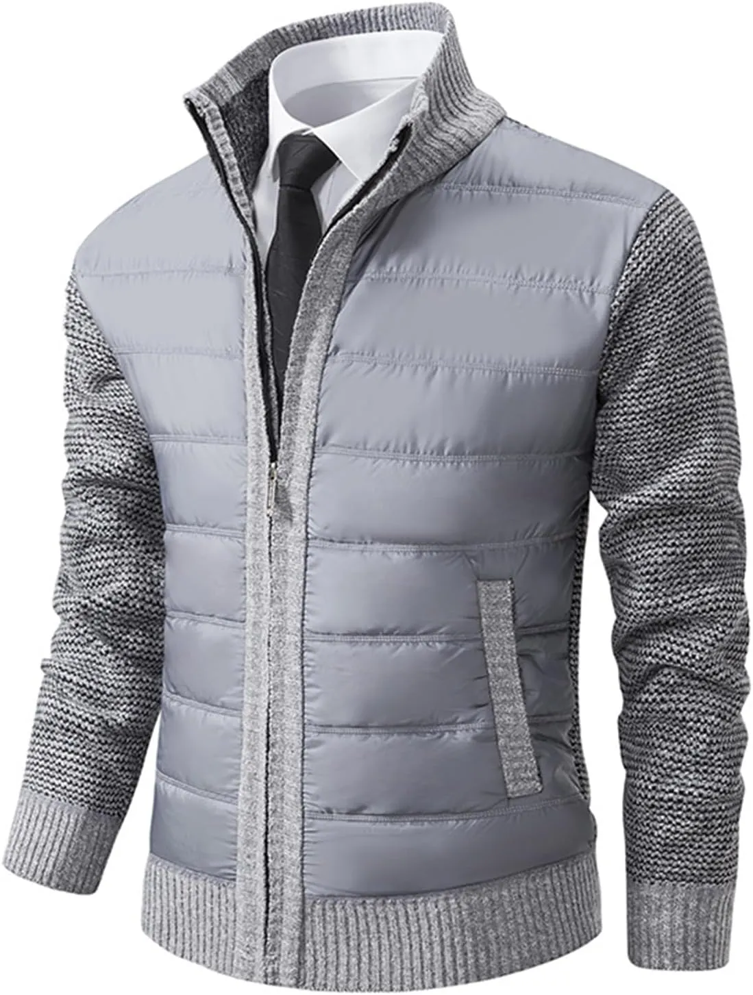 Men's Cardigan Sweaters Qiulted Puffer Jacket Casual Slim Fit Full Zip Sweaters Knitted Cardigan Jackets with Pockets