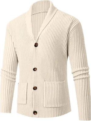 Men's Cardigan Sweaters Shawl Collar Cardigan Ribbed Long Sleeve Sweater Button Down Sweaters with Two Front Pockets