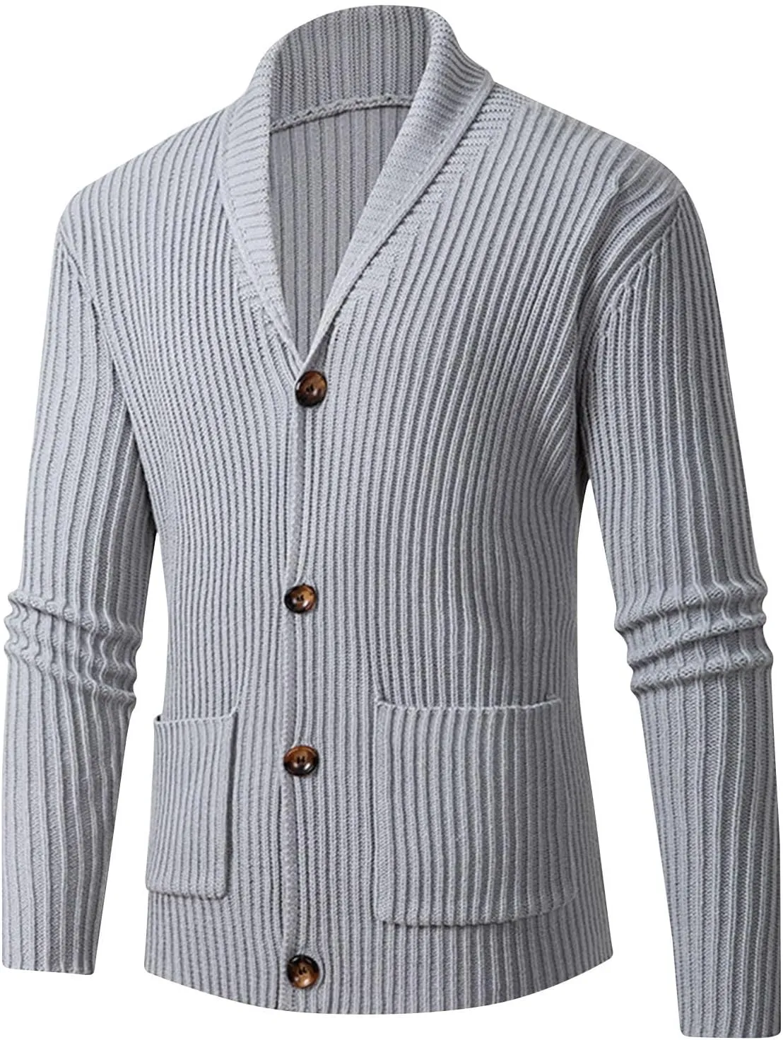 Men's Cardigan Sweaters Shawl Collar Cardigan Ribbed Long Sleeve Sweater Button Down Sweaters with Two Front Pockets