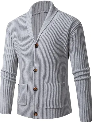 Men's Cardigan Sweaters Shawl Collar Cardigan Ribbed Long Sleeve Sweater Button Down Sweaters with Two Front Pockets
